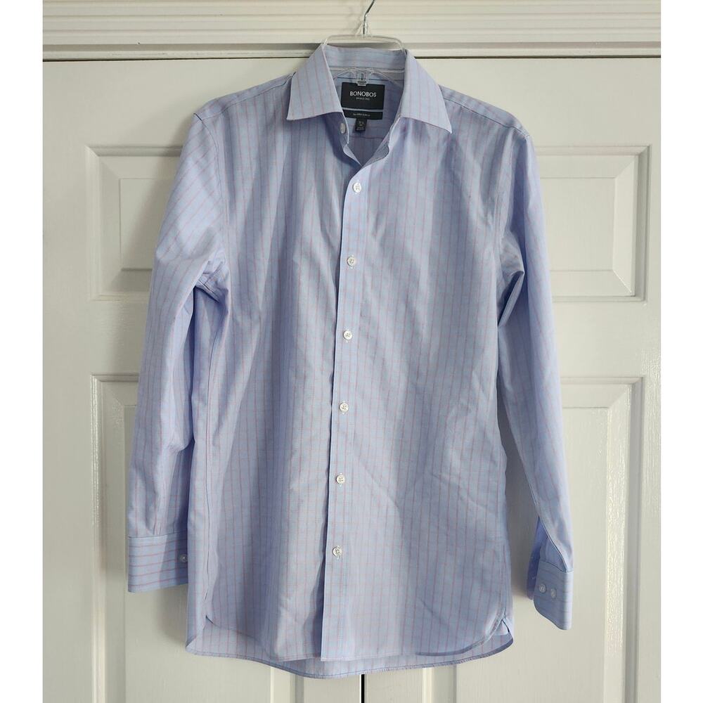 Bonobos Long Sleeve Blue checkered wrinkle-free slim fit dress Shirt sz 15.5 33